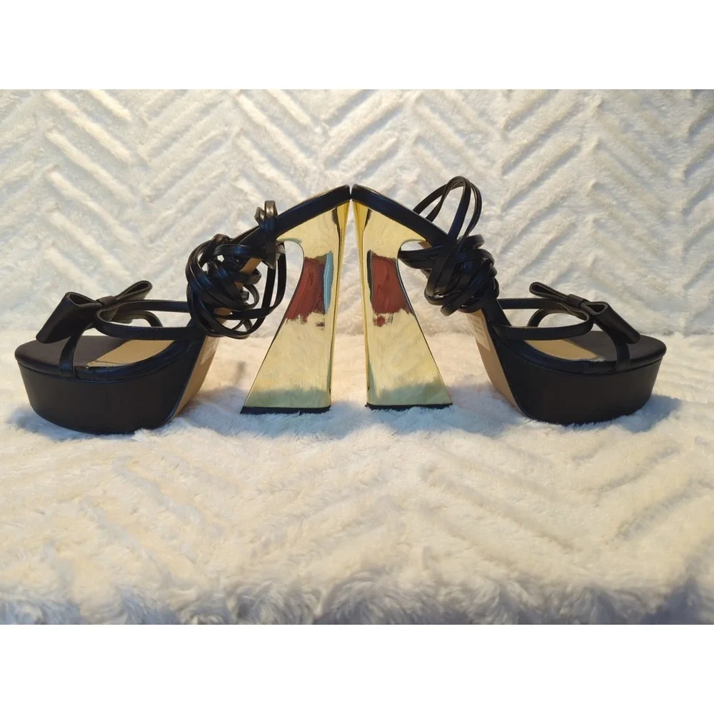 Lemonade Retro Gold Strappy Leg Platform Heel Disco Party Holiday Women's Sz 7.5